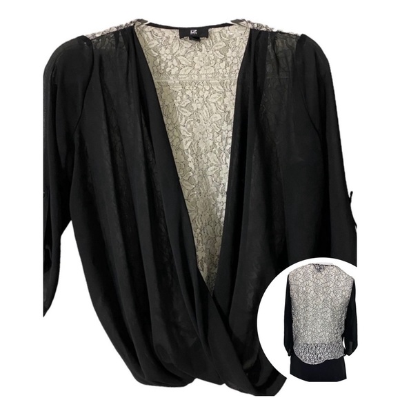 IZ Byer Woman’s Black Sheer Top with Cream Color Lace Roll Tab Sleeves  Jr Sz M - Picture 2 of 12